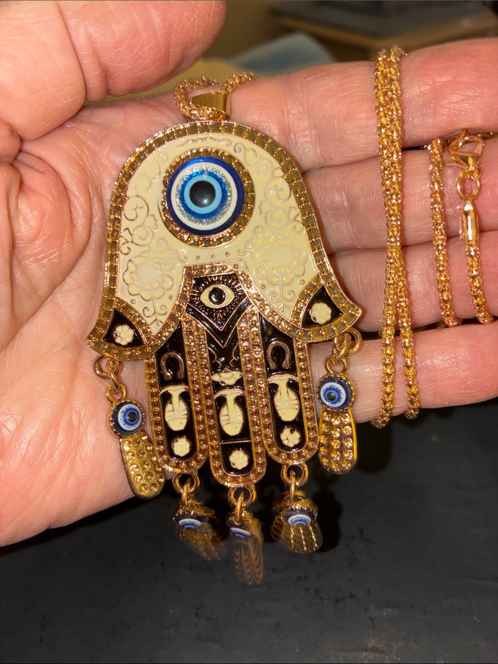 Gold-Tone Hamsa Hand Pendant Necklace with Blue Evil Eye
